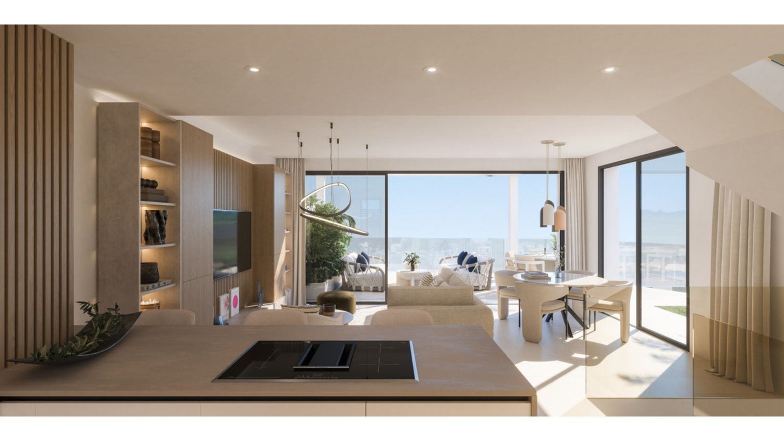 Moderne woonkamer met uitzicht op zee en een open indeling.