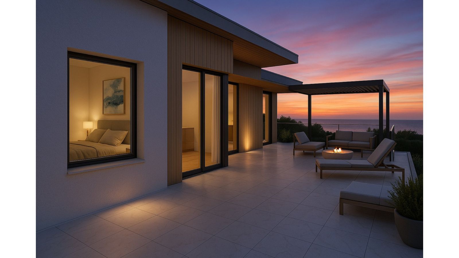 Modern huis met zonsondergang terras en uitzicht op zee.